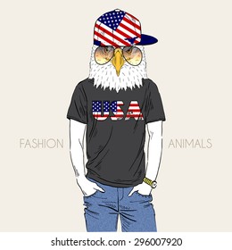 fashion animal illustration, anthropomorphic design, furry art, hand drawn illustration of eagle dressed up in t-shirt USA 