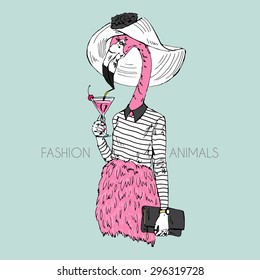 fashion animal illustration, anthropomorphic design, furry art, hand drawn illustration of flamingo girl dressed up in feather skirt, stripy pullover,  drinking pink cocktail