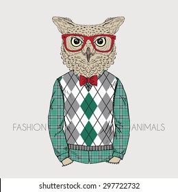 fashion animal illustration, anthropomorphic design, furry art, hand drawn illustration of owl boy hipster