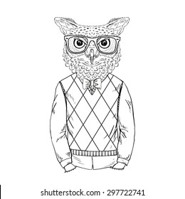 fashion animal illustration, anthropomorphic design, furry art, hand drawn illustration of owl boy hipster