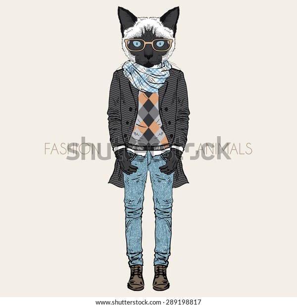 ファッション動物のイラスト 擬人化デザイン ファリーアート 手描きのシャム猫のイラスト 都市型 のベクター画像素材 ロイヤリティフリー