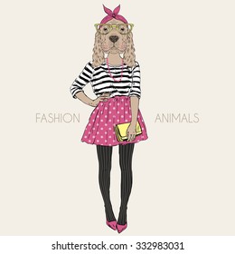 fashion animal illustration, cute doggy hipster girl, character design