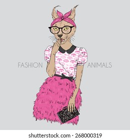 Fashion Animal Illustration, Cute Hipster Cat Girl, Character Design