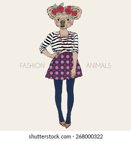 Fashion Animal Illustration, Cute Koala Hipster Girl, Character Design