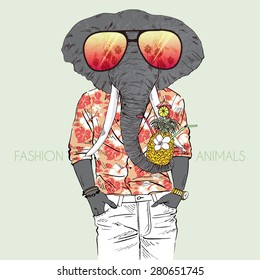 fashion animal illustration, elephant dressed up in aloha shirt, summer vacation, Hawaiian style