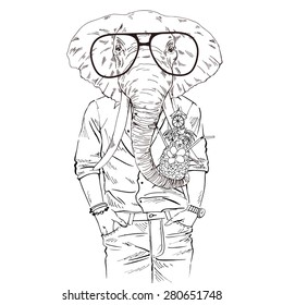 fashion animal illustration, elephant dressed up in aloha shirt, summer vacation, Hawaiian style