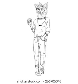 fashion animal illustration, fox girl hipster drinking coffee, character design