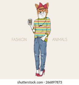 Fashion Animal Illustration, Fox Girl Hipster Drinking Coffee, Character Design