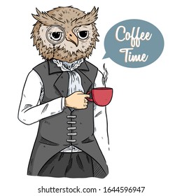 Fashion animal illustration of owl dressed up in classy style. Coffee time caption