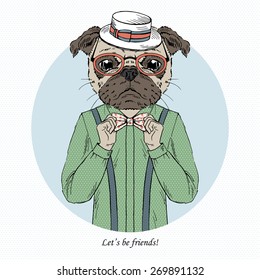 fashion animal illustration, pug doggy hipster