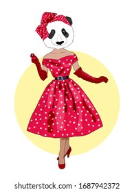 fashion animal illustrations, anthropomorphic design, furry art, hand-drawn illustration of a dressed panda girl in a dress in the style of the 60s