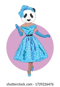 fashion animal illustrations, anthropomorphic design, furry art, hand-drawn illustration of a dressed panda girl in a dress in the style of the 60s