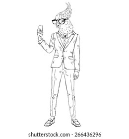 fashion animal, parrot dressed up in vintage style making selfie, character design