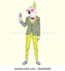 fashion animal, parrot dressed up in vintage style making selfie, character design