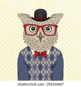 fashion animal portrait, anthropomorphic design, furry art, hand drawn portrait of geek owl dressed up in argyle pullover