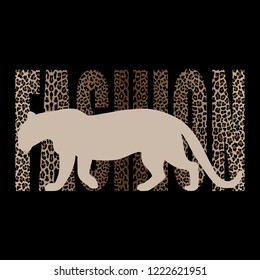 Fashion animal print with geige leopard silhouette and leopard pattern on black background. Trend composition with lettering for tshirt and apparel graphics, poster, print, postcard.