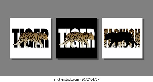Fashion animal prints set with tiger silhouette and tiger pattern. Trend composition with lettering for tshirt and apparel graphics, poster, print, postcard.