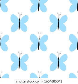Fashion animal seamless pattern with blue butterflies on white background. Template design for invitation, poster, card, fabric, textile. Cute holiday illustration with beetles for baby. Cartoon style