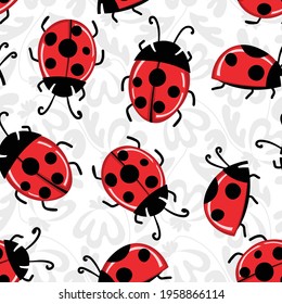 Fashion animal seamless pattern with colorful ladybird on white background. Cute holiday illustration with ladybags for baby. Design for invitation, poster, card, fabric, textile. 