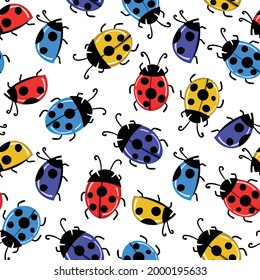 Fashion animal seamless pattern with colorful ladybird on white background. Cute holiday illustration with ladybags for baby. Design for invitation, poster, card, fabric, textile. 