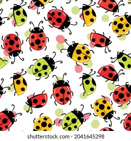 Fashion animal seamless pattern with colorful ladybird on white background. Cute holiday illustration with ladybags for baby. Design for invitation, poster, card, fabric, textile. 