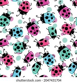 Fashion animal seamless pattern with colorful ladybird on white background. Cute holiday illustration with ladybags for baby. Design for invitation, poster, card, fabric, textile. 