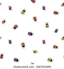 Fashion animal seamless pattern with colorful ladybird on white background. Cute holiday illustration with ladybags for baby. Design for invitation, poster, card, fabric, textile. 