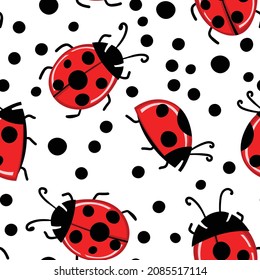 Fashion animal seamless pattern with colorful ladybird on white polka dots background. Cute holiday illustration with ladybags for baby. Design for invitation, card, fabric, textile.