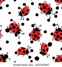 Fashion animal seamless pattern with colorful ladybird on white polka dots background. Cute holiday illustration with ladybags for baby. Design for invitation, card, fabric, textile.