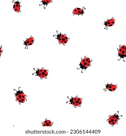 Fashion animal seamless pattern with colorful ladybird on white polka dots background. Cute holiday illustration with ladybags for baby. Design for invitation, card, fabric, textile.