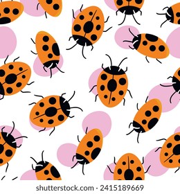 Fashion animal seamless pattern with colorful ladybird on white background. Cute holiday illustration with ladybags for baby. Design for invitation, poster, card, fabric, textile.