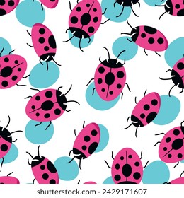 Fashion animal seamless pattern with colorful ladybird on white background. Cute holiday illustration with ladybags for baby. Design for invitation, poster, card, fabric, textile.