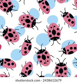 Fashion animal seamless pattern with colorful ladybird on white background. Cute holiday illustration with ladybags for baby. Design for invitation, poster, card, fabric, textile.