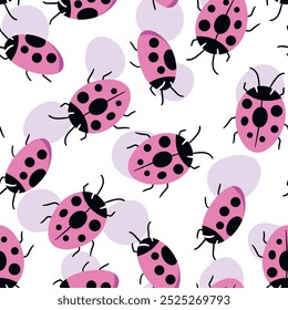 Fashion animal seamless pattern with colorful ladybird on white background. Cute holiday illustration with ladybags for baby. Design for invitation, poster, card, fabric, textile.