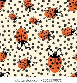 Fashion animal seamless pattern with colorful ladybird on white background. Cute holiday illustration with ladybags for baby. Design for invitation, poster, card, fabric, textile.