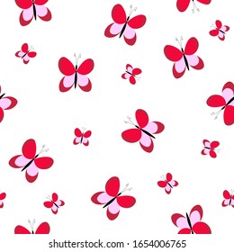 Fashion animal seamless pattern with red butterflies on white background. Template design for invitation, poster, card, fabric, textile. Cute holiday illustration with beetles for baby. Cartoon style.