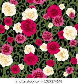 Fashion animal skin and flowers. Textured seamless pattern. Sketch floral background.
