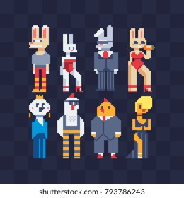 Fashion animals, furry art. Hen woman and rooster boy. Chickens character. Rabbit and cute bunny girl. Happy Easter. Anthropomorphic design. Isolated pixel art vector illustration.