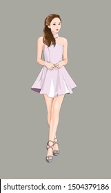The fashion of anime manga girl posing on a grey background. She is cute and hot in pink skirt.