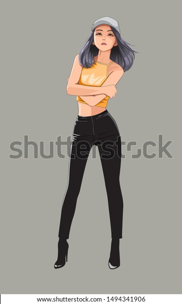 The Fashion Of Anime Manga Girl Posing On A Grey Background She Is Cute And Hot