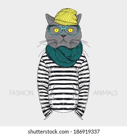 fashion anthropomorphic character of cat dressed up in urban style