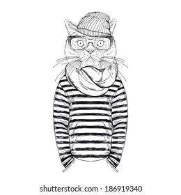 fashion anthropomorphic character of cat dressed up in urban style