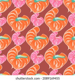 Fashion anthurium flowers seamless pattern. Trendy exotic hawaiian plants backdrop. Tropical botanical wallpaper. Design for fabric , textile print, surface, wrapping, cover. Vector illustration