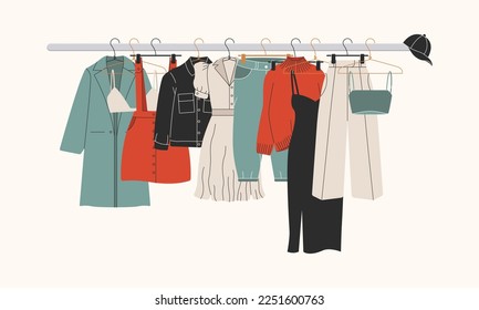 Colored clothes or apparel hanging on hangers Vector Image