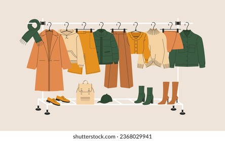 Fashion apparel. Hangers with stylish female clothes, clothing storage, boutique assortment rail, garment holder. Vector cartoon set