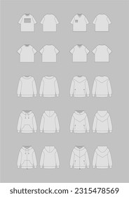 Fashion Apparel illustrations, Vector Hoodies, T-shirts, Sweatshirts, blueprints, silhouettes of clothes, clothing vectors, apparel template