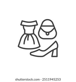 Icono de línea de moda y ropa. signo de estilo lineal para concepto móvil y Diseño web. Vestido, tacones altos y un icono de Vector de contorno de bolso. Símbolo, ilustración del logotipo. Gráficos de Vector