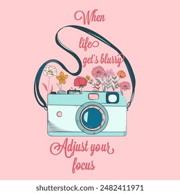 Fashion apparel print with retro photo camera adjust your focus