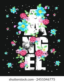 Fashion Apparel T- shirt typography angel graphic slogan with colorful flowers  illustration