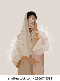 Fashion arabic muslim woman in hijab and abaya. Stylish islamic model in hijab. Illustration of a young arab emirati woman in traditional dress. Avatar of stylish muslim woman for social network